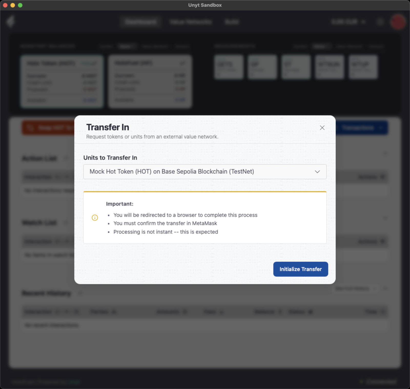 Choose the unit to transfer in, then Initialize Transfer.