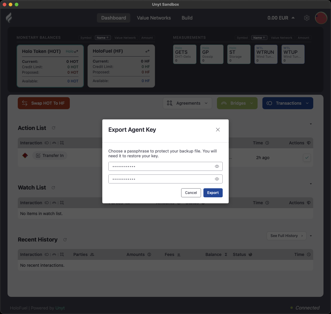 Export Agent Key. Choose a passphrase to protect your backup file.