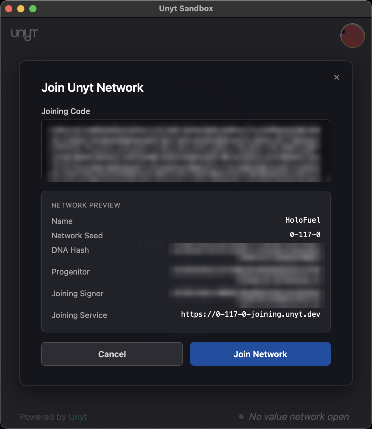 The Join Unyt Network screen. Compare the joining code with the official one before joining.