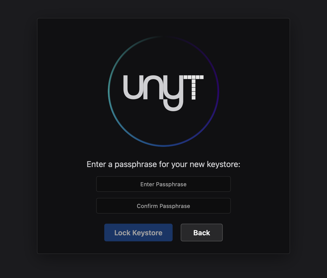 Enter and confirm your passphrase, then click Lock Keystore.