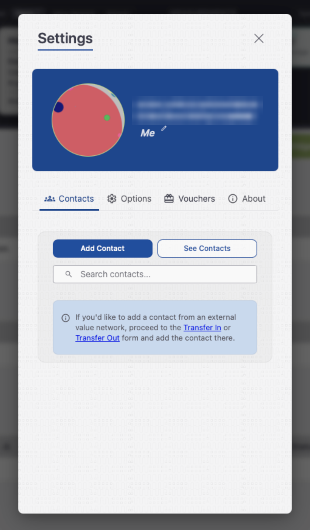 Settings shows your identicon and Agent Key, with Contacts, Options, Vouchers and About tabs.